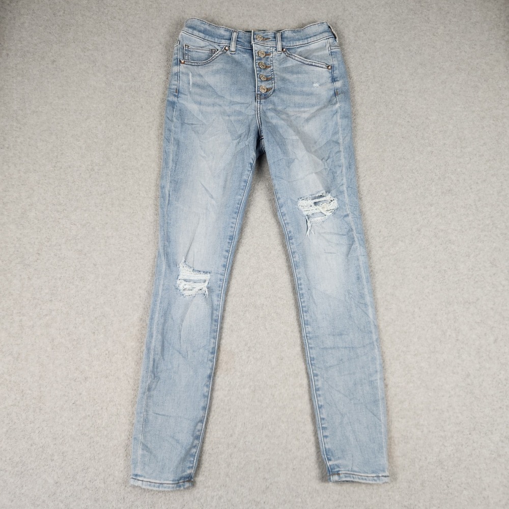 Express Skinny High Rise Jeans Womens 2R Blue Denim Boho Distressed Button Fly